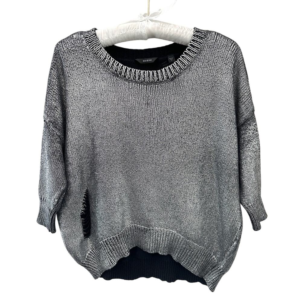 GUESS Silver Metallic Distressed Sweater Top Chunky Knit Oversized Grunge Small